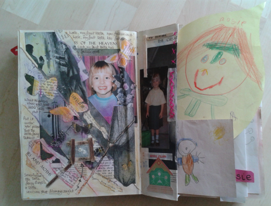 On the left is the page on a theme of losing that first tooth. I have used butterflies cut from old book pages, tissue paper, writing about the tooth fairy and a net made from a drink stirrer and scrim which actually holds the first lost tooth which I kept.