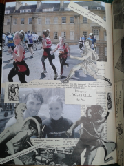 And now to university where my daughter took up marathon running through the historic city of Bath. you can see she is pursued by the Greek messenger Pheidippides running to Athens with news of the victory which became the inspiration for this athletic event, introduced at the 1896 Athens Olympics, and originally run between Marathon and Athens. Below she is pictured learning to deep sea dive surrounded by vintage diving pictures.