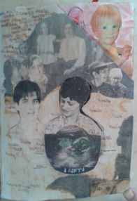 Opposite the inside cover, the first page is themed Ancestors and shows photos of relatives on tissue aged with pastels. The Mother (me) has a body made of a scan of a foetus on top of a flap which opens to reveal a baby in the womb. The top corner is cut to reveal a picture of Rosie.